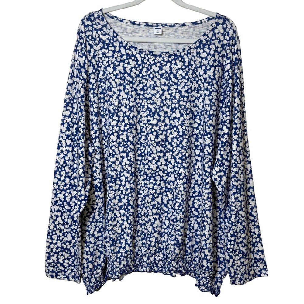 Old Navy Long‎ Sleeve Lettuce Hem Top Blue Floral XXL